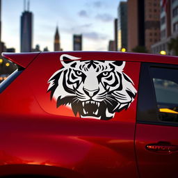 Tall cherry-colored car with the head of a black and white tiger depicted on its side, shown fully from left to right