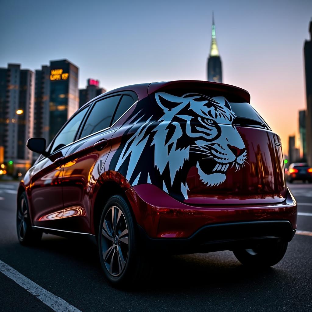 Tall cherry-colored car with the head of a black and white tiger depicted on its side, shown fully from left to right