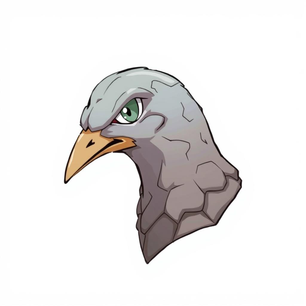 A creative illustration of a pigeon's head and extended neck in profile, imagined as a rock-type Pokémon