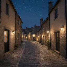 A quaint village enveloped in the tranquility of the night. Twinkling stars stud the dark sky, while moonlight illuminates cobblestone paths and humble houses, their windows glowing warmly.