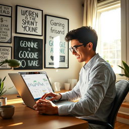 An energetic and inspiring digital art piece depicting a motivated young professional eagerly engaging with Google AdSense on their laptop to start earning money online