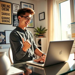 An energetic and inspiring digital art piece depicting a motivated young professional eagerly engaging with Google AdSense on their laptop to start earning money online