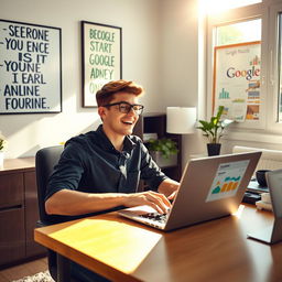 An energetic and inspiring digital art piece depicting a motivated young professional eagerly engaging with Google AdSense on their laptop to start earning money online