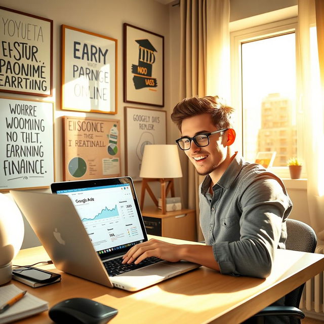 An energetic and inspiring digital art piece depicting a motivated young professional eagerly engaging with Google AdSense on their laptop to start earning money online