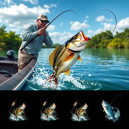 A fisherman man casting his line from a boat, capturing the dynamic moment of a bass jumping out of the water