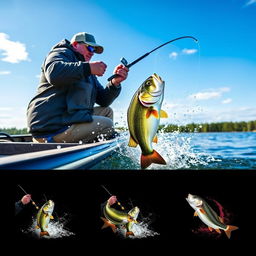 A fisherman man casting his line from a boat, capturing the dynamic moment of a bass jumping out of the water