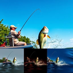 A fisherman man casting his line from a boat, capturing the dynamic moment of a bass jumping out of the water