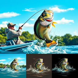 A fisherman man casting his line from a boat, capturing the dynamic moment of a bass jumping out of the water