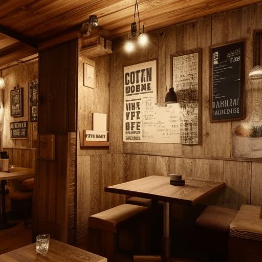 A cozy and welcoming café with a rustic interior, filled with wooden furniture, soft ambient lighting, and walls adorned with vintage coffee-related art.