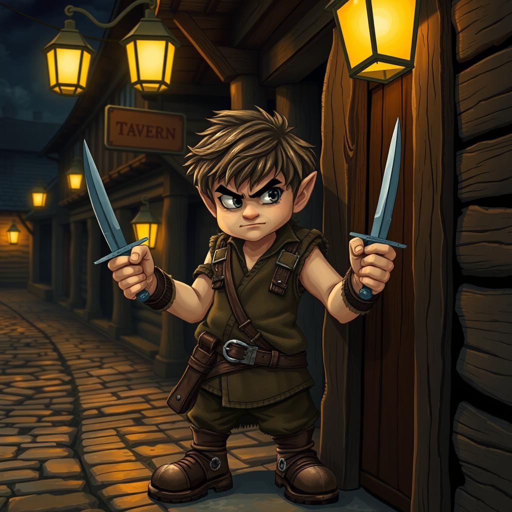 Short hobbit adult man with scruffy hair, outside a tavern, holding a dagger in each hand