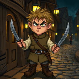 Short hobbit adult man with scruffy hair, outside a tavern, holding a dagger in each hand