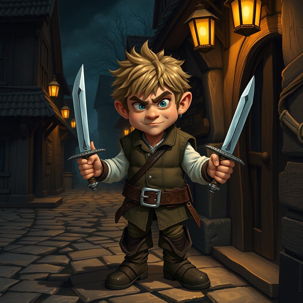 Short hobbit adult man with scruffy hair, outside a tavern, holding a dagger in each hand