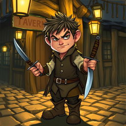 Short hobbit adult man with scruffy hair, outside a tavern, holding a dagger in each hand