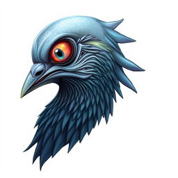 An imaginative illustration of a pigeon's head in profile, envisioned as an alien creature