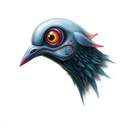 An imaginative illustration of a pigeon's head in profile, envisioned as an alien creature