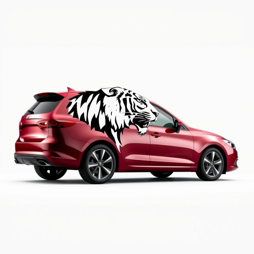 Tall cherry-colored car with the head of a black and white tiger depicted on its side, fully shown from left to right against a plain white background