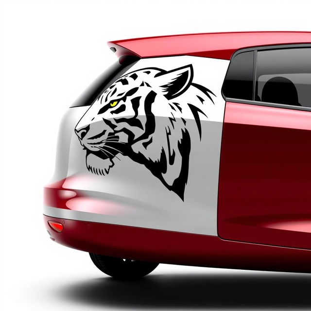 Tall cherry-colored car with the head of a black and white tiger depicted on its side, fully shown from left to right against a plain white background