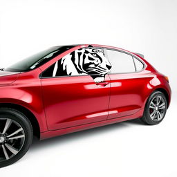 Tall cherry-colored car with the head of a black and white tiger depicted on its side, fully shown from left to right against a plain white background