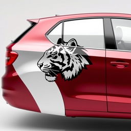 Tall cherry-colored car with the head of a black and white tiger depicted on its side, fully shown from left to right against a plain white background