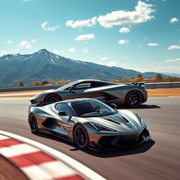 A dynamic mashup of a Corvette C8 and a Koenigsegg Gemera, featuring a sleek 4-door configuration, driving at speed on a race track