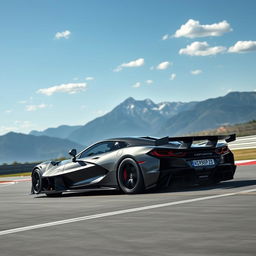 A dynamic mashup of a Corvette C8 and a Koenigsegg Gemera, featuring a sleek 4-door configuration, driving at speed on a race track