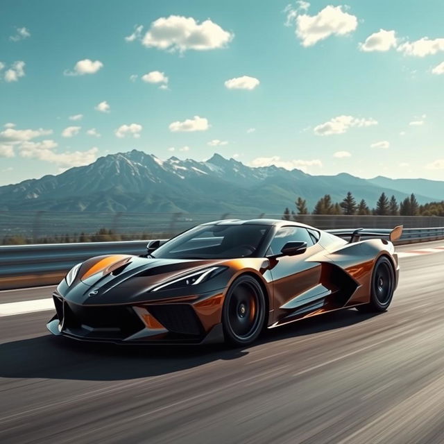 A dynamic mashup of a Corvette C8 and a Koenigsegg Gemera, featuring a sleek 4-door configuration, driving at speed on a race track