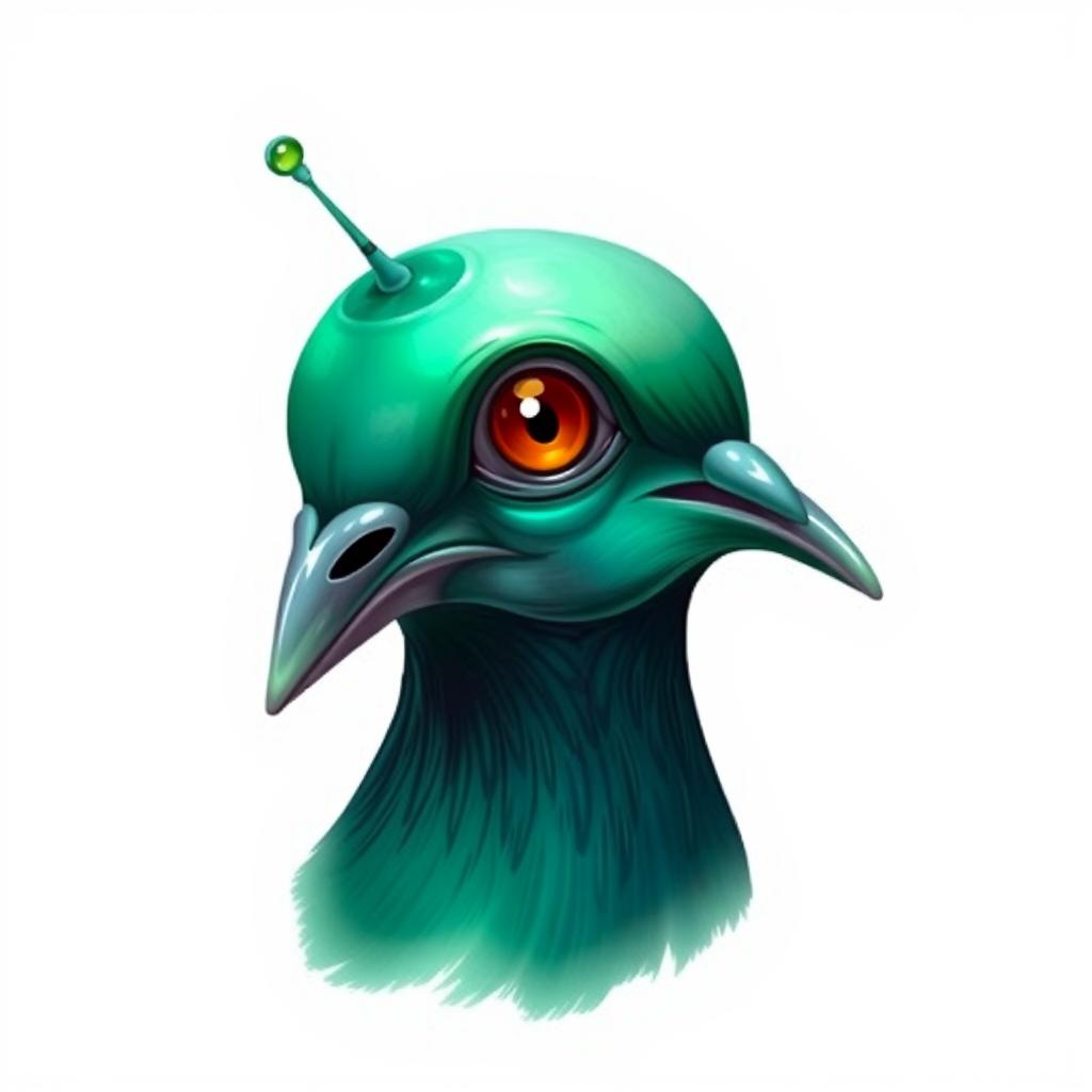 A creative illustration of a pigeon's head in profile, envisioned as an alien creature with a vibrant green color