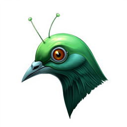 A creative illustration of a pigeon's head in profile, envisioned as an alien creature with a vibrant green color