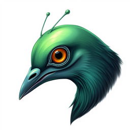 A creative illustration of a pigeon's head in profile, envisioned as an alien creature with a vibrant green color