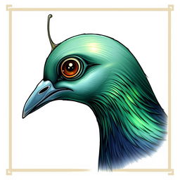 A creative illustration of a pigeon's head in profile, envisioned as an alien creature with a vibrant green color