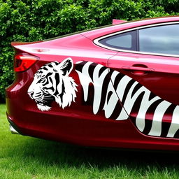 Tall cherry-colored car with the head of a black and white tiger depicted on its side, fully shown from left to right against a lush green background