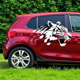 Tall cherry-colored car with the head of a black and white tiger depicted on its side, fully shown from left to right against a lush green background