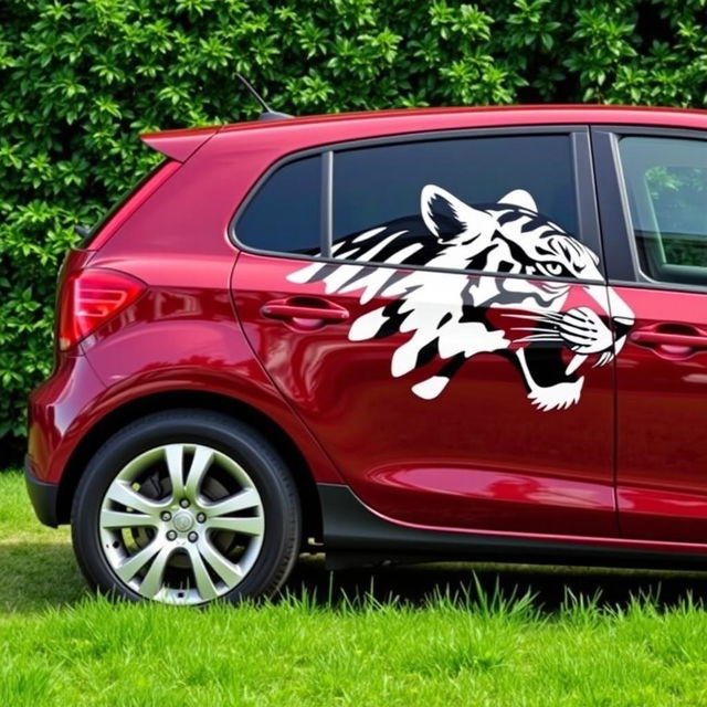 Tall cherry-colored car with the head of a black and white tiger depicted on its side, fully shown from left to right against a lush green background