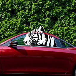 Tall cherry-colored car with the head of a black and white tiger depicted on its side, fully shown from left to right against a lush green background