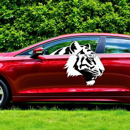 Tall cherry-colored car with the head of a black and white tiger depicted on its side, fully shown from left to right against a lush green background