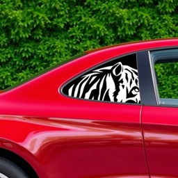 Tall cherry-colored car with the head of a black and white tiger depicted on its side, fully shown from left to right against a lush green background