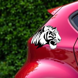 Tall cherry-colored car with the head of a black and white tiger depicted on its side, fully shown from left to right against a lush green background