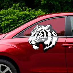 Tall cherry-colored car with the head of a black and white tiger depicted on its side, fully shown from left to right against a lush green background