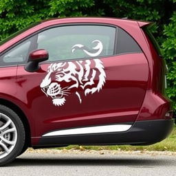 Tall cherry-colored car with the head of a black and white tiger depicted on its side, fully shown from left to right against a lush green background