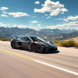 A stunning fusion of a Corvette C8 and a Koenigsegg Regera, driving gracefully along a scenic road