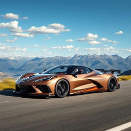 A stunning fusion of a Corvette C8 and a Koenigsegg Regera, driving gracefully along a scenic road