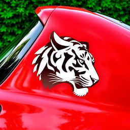 Cherry-colored car with the head of a black and white tiger depicted on its side, fully shown from left to right against a lush green background