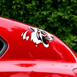 Cherry-colored car with the head of a black and white tiger depicted on its side, fully shown from left to right against a lush green background