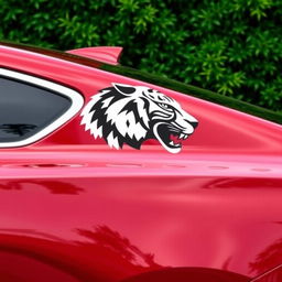 Cherry-colored car with the head of a black and white tiger depicted on its side, fully shown from left to right against a lush green background