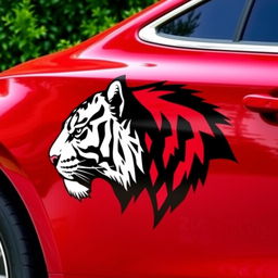 Cherry-colored car with the head of a black and white tiger depicted on its side, fully shown from left to right against a lush green background