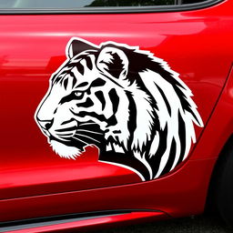 Cherry-colored car with the head of a black and white tiger depicted on its side, fully shown from left to right