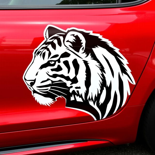 Cherry-colored car with the head of a black and white tiger depicted on its side, fully shown from left to right