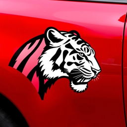 Cherry-colored car with the head of a black and white tiger depicted on its side, fully shown from left to right