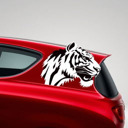 Cherry-colored car with the head of a black and white tiger depicted on its side, fully shown from left to right