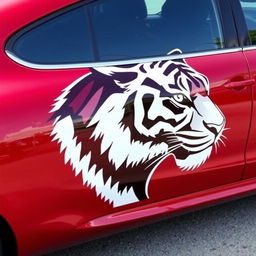 Cherry-colored car with the head of a black and white tiger depicted on its side, fully shown from left to right